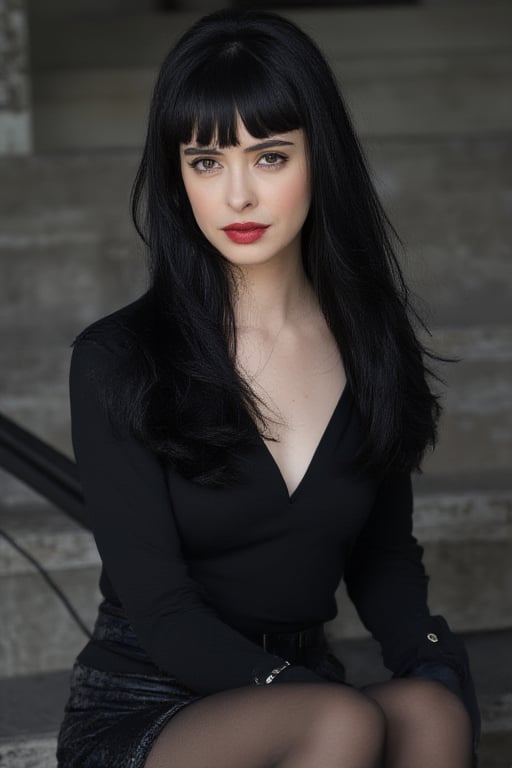 Krysten Ritter, black hair with bangs, young, and beautiful woman, very accentuated features, perfect body with ideal proportions, perfect eyes with very long eyelashes, cute lips, perfect smile, soft makeup, long straight hair with bangs. Realism,Movie Still,DonMn1ghtm4reXL,ink ,style, UHD, 8K, intricate, highly detailed, perfect volumetric light, epic light, aura,vintage_p_style,GLOWING, sitting on steps wearing gothic black long sleeve shirt, black skirt and doc martens. 