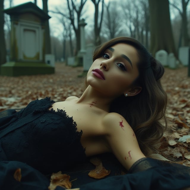 Ariana Grande, young, woman, very accentuated features, perfect body with ideal proportions, perfect eyes, perfect smile, natural look, hair in half up half down curly ponytail, dark brown hair with honey blonde tips, long hair. Realism,Movie Still,DonMn1ghtm4reXL,ink ,style, UHD, 8K, intricate, highly detailed, perfect volumetric light, epic light, aura,vintage_p_style, wearing black gown corset, cinematic, movie still, laying on the ground, with blood on body and face, full body, laying in a cemetery 