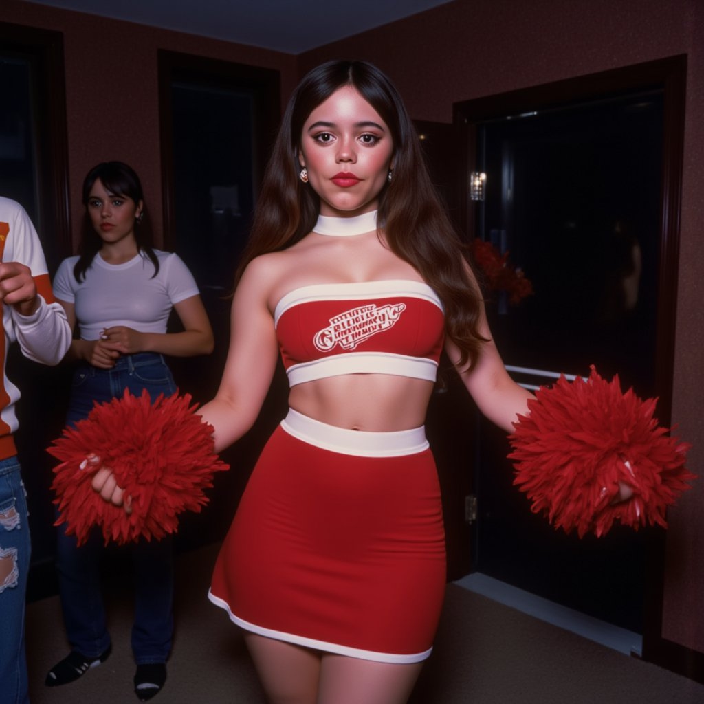 Amateur full-body snapshot of a petite college student in a red cheerleader costume at a Halloween party. 90s flair. From a 90s photoalbum. The image has a spontaneous feel. Her cleavage is clearly visible. Disco lights. Camera flash, Ideal proportions,,MeganFoxFlux