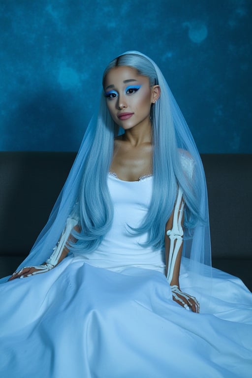 An Ariana Grande, dressed in a white tight fitted ripped wedding dress, ripped white vail, dramatic eyeliner, pale blue skin, dark blue eyeshadow, dead look, Tim Burton, plump lips, perfect face, long dramatic lashes, highly detailed, skeleton arm, corpse, sunken eyes, light blue skin, long blue hair, skeleton ribs. Sitting in the soft blue moonlight




