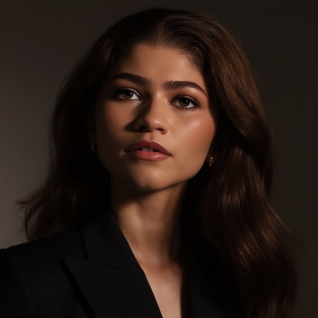 zendaya, young, woman, very accentuated features, perfect body with ideal proportions, perfect eyes, perfect smile, no makeup, tired look, natural look, tomboy, dark hair, long wavy hair. Realism,Movie Still,DonMn1ghtm4reXL,ink ,style, UHD, 8K, intricate, highly detailed, perfect volumetric light, epic light, aura,vintage_p_style, looking up, glitter under eyes. no lipstick, dark eyeshadow.   