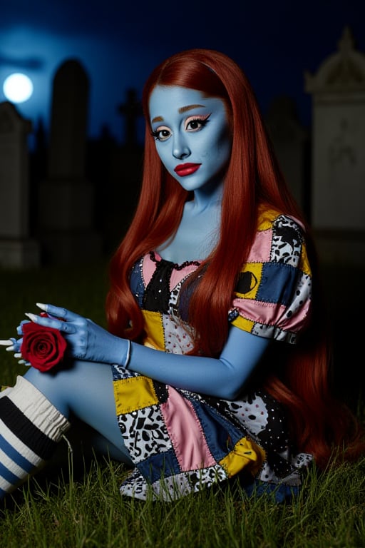 An Ariana Grande dressed In Sally costume from nightmare before Christmas, sitting in graveyard at night lit up by soft moonlight, red long hair, closeup, dramatic eyeliner, blue skin, stitches on face, stitched body, stitched short sleeve dress with yellow, pink, black, and blue patches with striped, polka dot, and different patterns stitched together, Tom Burton, dead look, holding dead rose, red lipstick, beautiful face, stitched mouth, wearing black shoes with ruffle socks, eyeshadow, plump lips, perfect face, long lashes. waist up, close up , highly detailed, black stitches,  