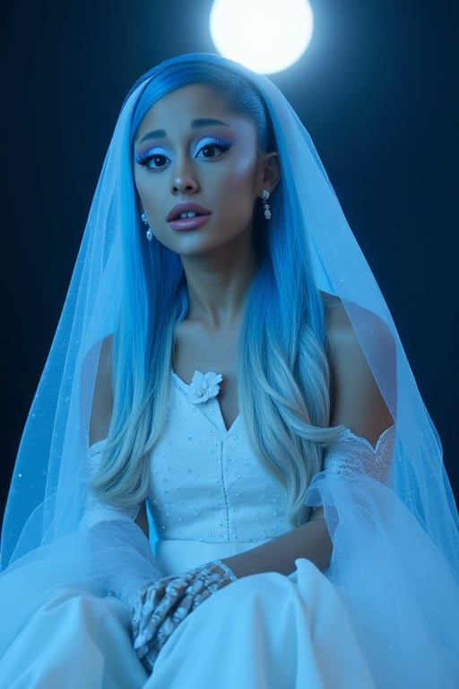 An Ariana Grande, dressed in a white tight fitted ripped wedding dress, ripped white vail, dramatic eyeliner, pale blue skin, dark blue eyeshadow, dead look, Tim Burton, plump lips, perfect face, long dramatic lashes, highly detailed, skeleton arm, corpse, sunken eyes, light blue skin, long blue hair, skeleton ribs. Sitting in the soft blue moonlight, moon in the background 




