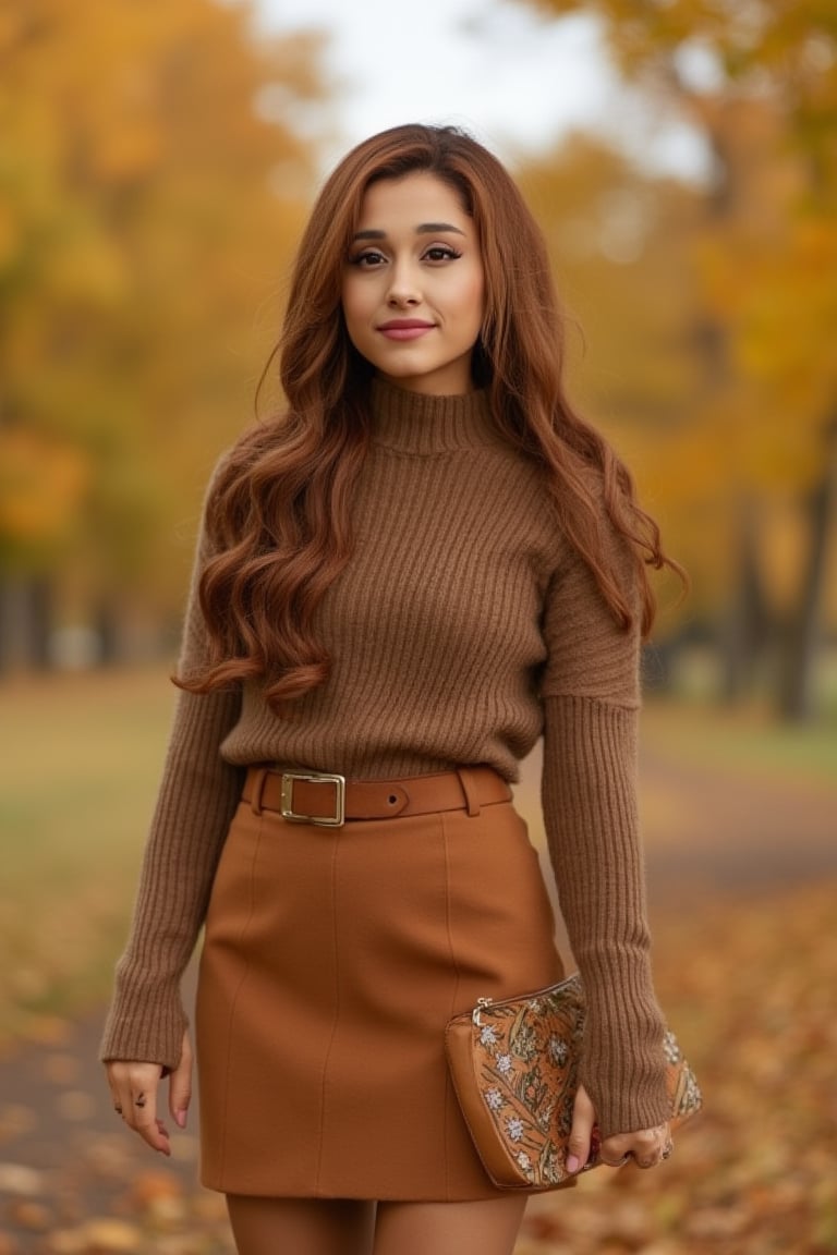 a beautiful young woman wearing brown turtle neck sweater and brown mini skirt fall background 