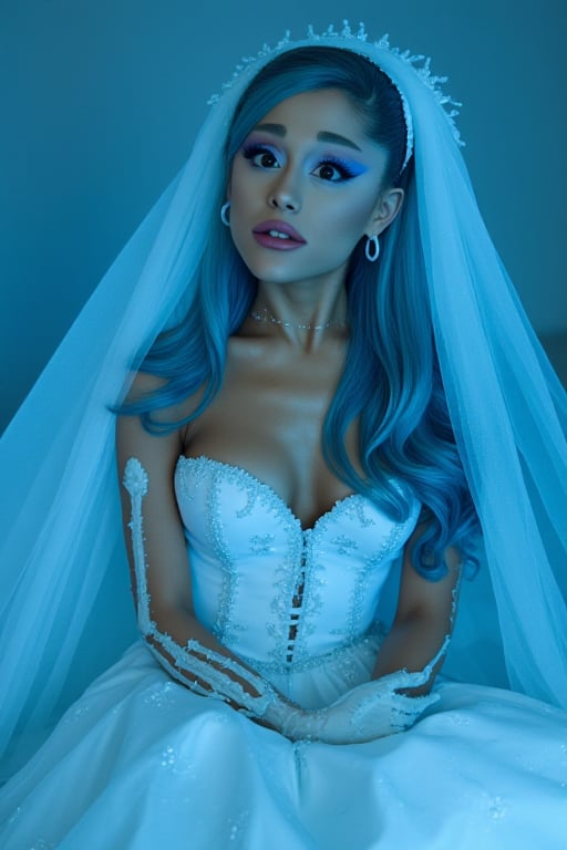 An Ariana Grande, dressed in a white tight fitted ripped wedding dress, ripped white vail, dramatic eyeliner, pale blue skin, dark blue eyeshadow, dead look, Tim Burton, plump lips, perfect face, long dramatic lashes, highly detailed, skeleton arm, corpse, sunken eyes, light blue skin, long blue hair, skeleton ribs. Sitting in the soft blue moonlight




