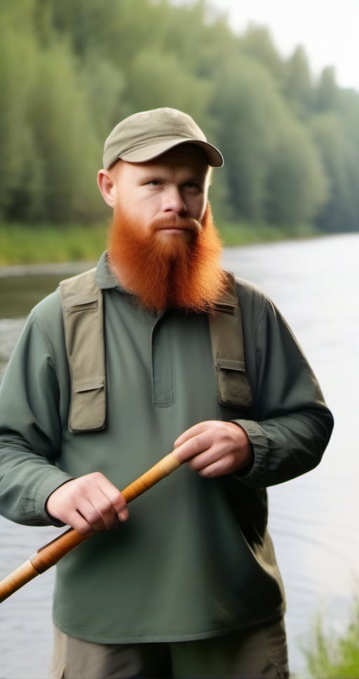 close-up of a male fisherman with one fishing rod of Slavic origin with a red beard, against the background of a river, forest in the background,