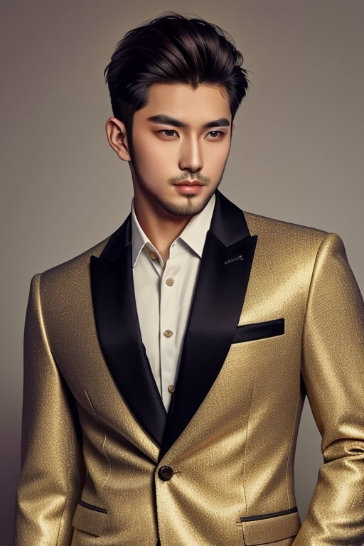 Short Hair, hazel Brown eyes, small beard. wearing golden and Silver prince suit ,Asian Model,Portrait,Test Model,handsome male,Princess