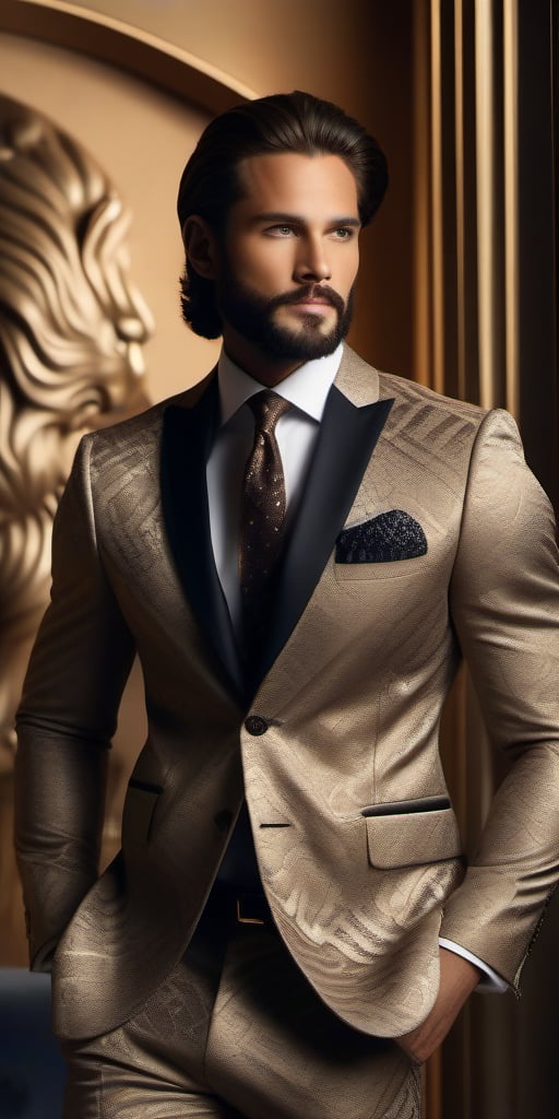 Ultra-realistic close-up portrait of an elegant fashion model with a lion's head, posing confidently against a chic, modern indoor backdrop. The luxurious suit, adorned with intricate patterns, complements the majestic features of the lion's head, while bold accessories add a touch of sophistication. Soft lighting accentuates the textured details of the suit and the regal demeanor of the model, as they strike a pose that exudes confidence and refinement.,Handsome Man