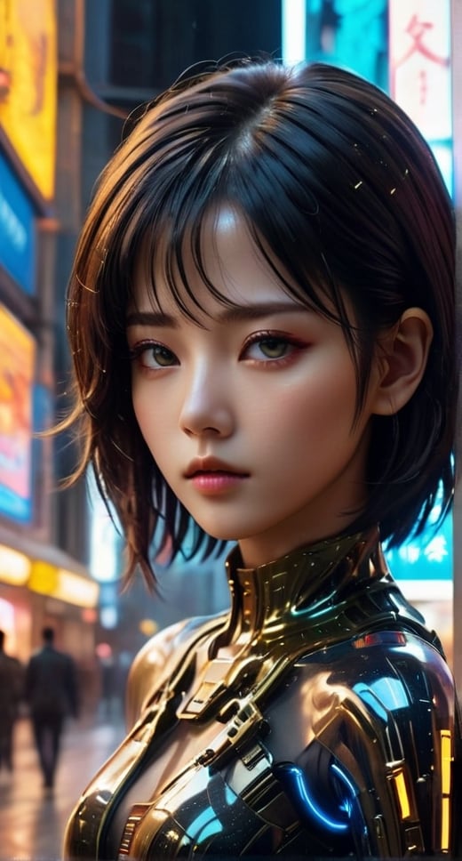 Beautiful full body shot of Reika, black latex bodyshuit, straight black hair, science fiction, cyberpunk city in the background, gantz, In the Style of Cyberpunk 2077, Ultra realistic photo face of a beautiful woman, masterpiece, best quality, CG, wallpaper, HDR, high quality, high-definition, extremely detailed, beautiful detailed face, beautiful detailed eyes, detailed light intricate detail, highres, detailed face, extremely detailed face, beautiful face, young woman, Jewel-like eyes, neon light, chiaroscuro, anime style, key visual, intricate detail, highly detailed, breathtaking, vibrant, cinematic,Gold,more detail XL