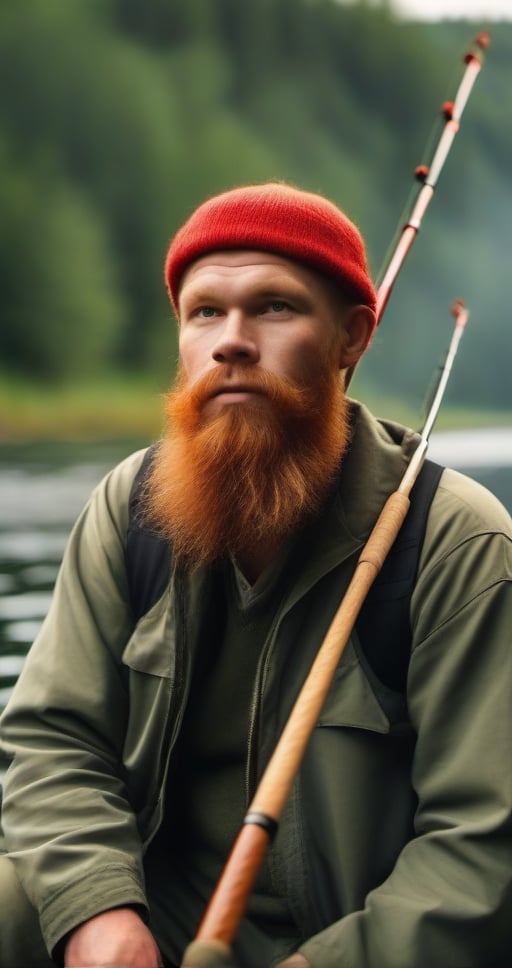 close-up of a male fisherman with one fishing rod of Slavic origin with a red beard, against the background of a river, forest in the background,