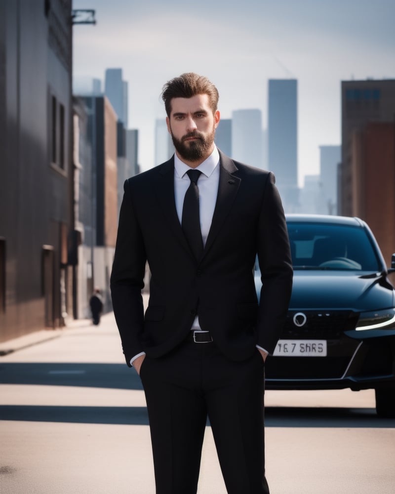 Full body image, Long Hair, hazel blond eyes, small beard.,Portrait, athletic, Wearing Black Suit, Aggressive gangster look, looking_at_viewers, standing on road With a dull black skyline car,Pectoral Focus,Realistic