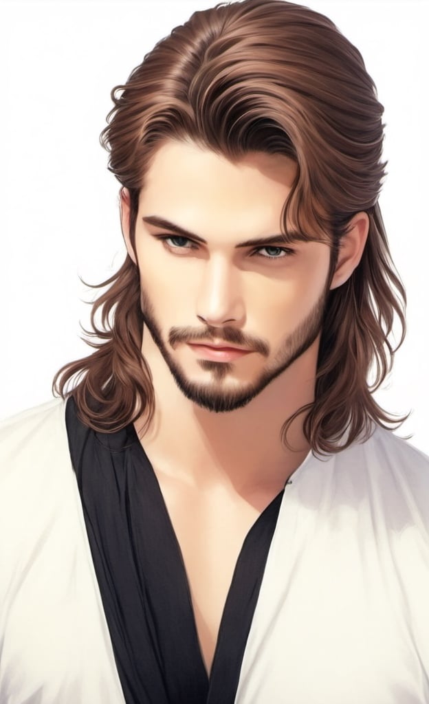 solo, long hair, simple background, brown hair, 1boy, white background, upper body, ponytail, male focus, facial hair, beard