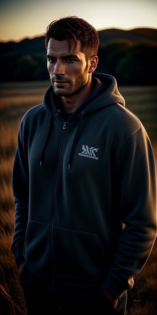 (photorealistic, cinematic film still), full-length portrait of a handsome Italian man in a Men's Fleece Jacket Ethnic Printed Zip Up Hoodie, black hoodie sweatshirt. The scene captures the man's tanned olive skin, captivating facial features, and muscular build, with beautiful lighting, intricate details, and depth of field. Shot with Fujifilm XT3, the outdoor setting features an open field and atmospheric glow, with RAW photo, 8k UHD, film grain, and Cinematic Lighting. This movie still focuses on the male subject, showcasing European style and AngelicStyle.