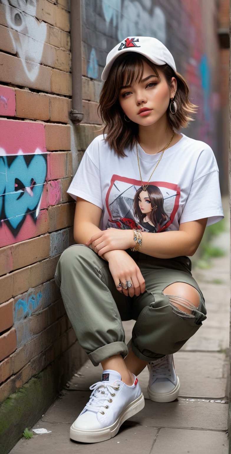 Kelthy sits in a grunge-inspired alleyway, her brown hair messy and parted. She's hugging herself, wearing an oversized white button-down shirt with rolled-up sleeves, baggy cargo pants, and chunky sneakers. The graphic t-shirt underneath peeks out from beneath the collar. A baseball cap worn backwards showcases a bold logo, while layered necklaces adorn her neck. Her full body is framed in front view, with parted lips and medium-sized breasts visible under the shirt. The brick walls and graffiti art of the alleyway provide a vibrant backdrop for this grungy ensemble.,Anime Style