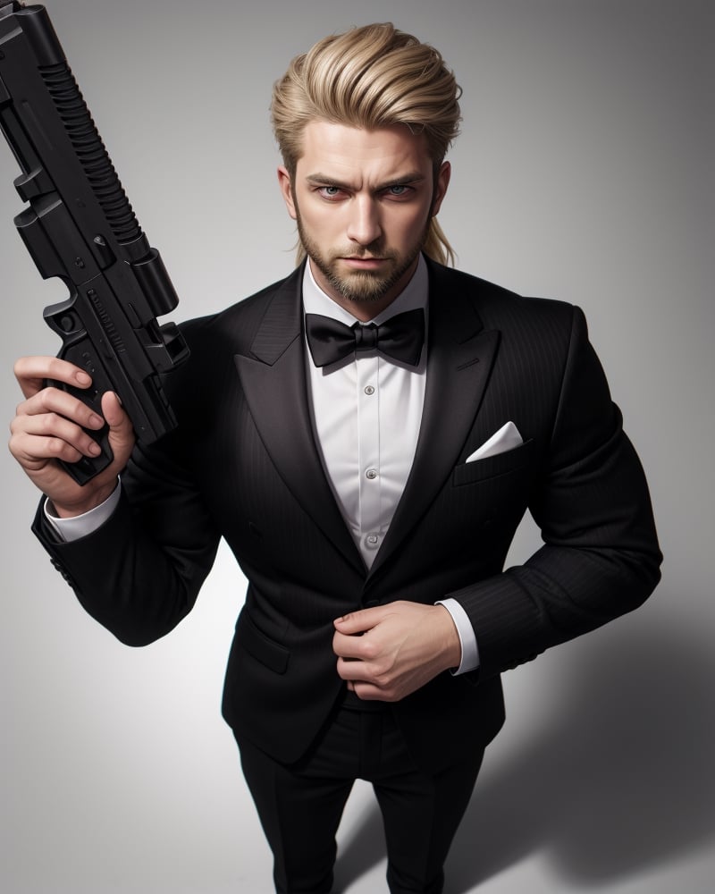 Full body image, Long Hair, hazel blond eyes, small beard.,Portrait, athletic, holding gun, Wearing Black Suit, Aggressive gangster look,