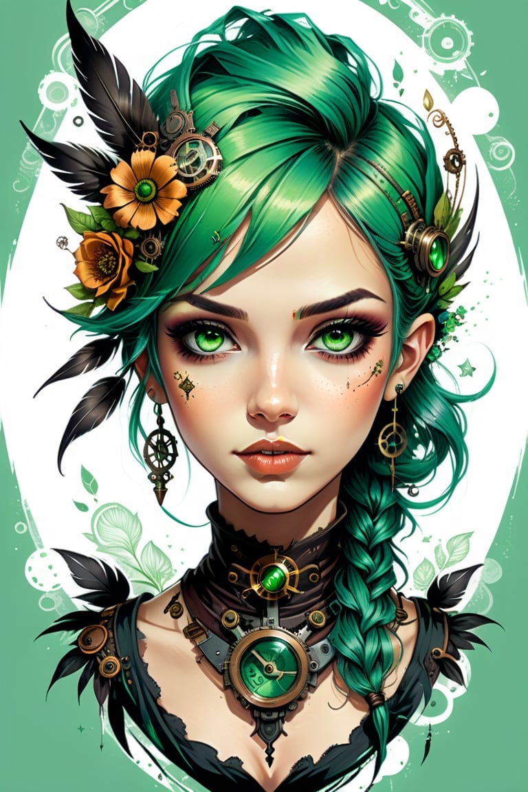 T-shirt design, steampunk art, BEAUTIFUL GIRL 
 FAIRY, alina sanko face, , FANTASY DESIGN, FEATHER, VINTAGE COLOR,FLOWERS,STEAMPUNK ART DESIGN, for old-school style tattoos, green HAIR