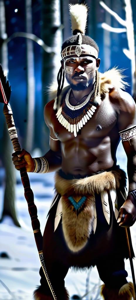 Full Body cinematic shot of an African warrior in a snowy forest at night, preparing for battle, the warrior's face is determined and fierce, adorned with traditional tribal face paint and intricate beadwork, wearing fur and leather clothing suitable for the cold, holding a spear tightly, with snowflakes falling gently around, illuminated by the soft glow of moonlight filtering through the trees, creating a dramatic and intense atmosphere, premium, realistic photography style, trending on ArtStation. dramatic lighting, Realistic Photo,Handsome Man