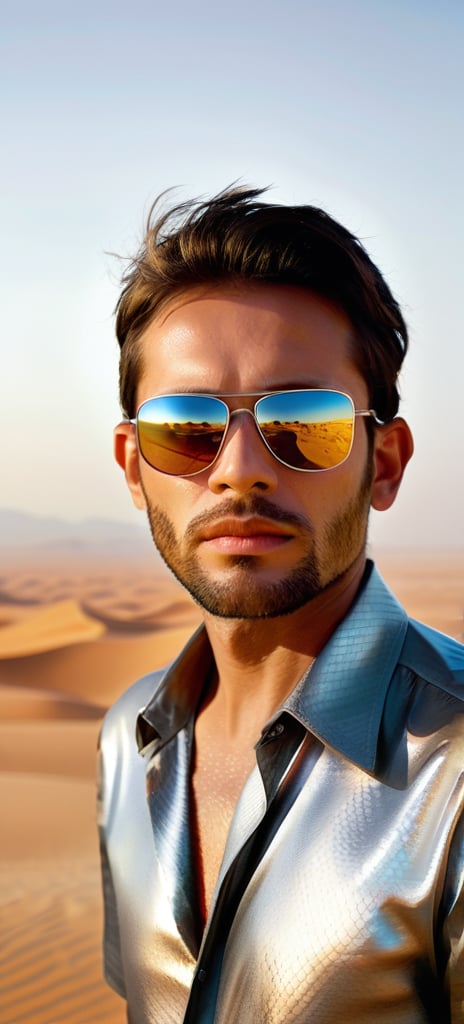 photo of a man in the desert the style of realistic hyper-detailed portraits, transparent sunglasses, detailed facial features, dry, heat exhaustion cityscape, metallic ethereal Ian, eye-catching detail, blink-and-you-miss-it-detail  focus on full body, dramatic lighting, Realistic Photo,Handsome Man