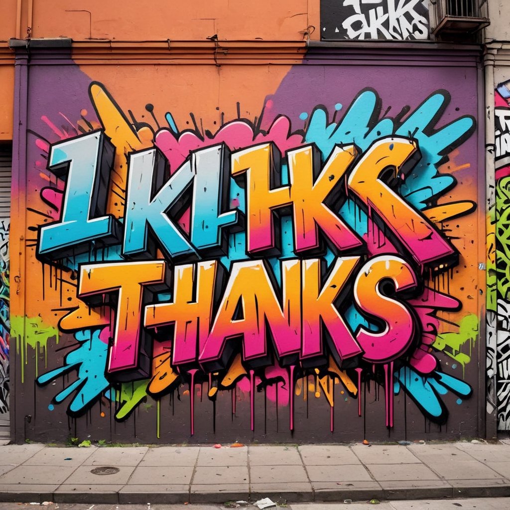 A graffiti wall with (the text "1K THANKS":1.7) written in bold letters with spray tint, inspired by Banksy,  miraculous,  aerosol art,  (triadic colors:1.2),comic book,masterpiece,Text,graffitiXL