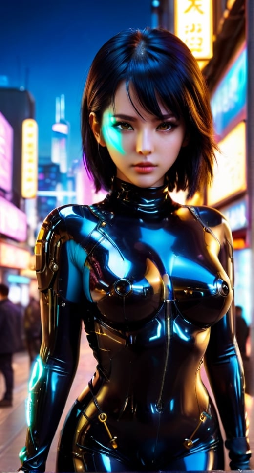 Beautiful full body shot of Reika, black latex bodyshuit, straight black hair, science fiction, cyberpunk city in the background, gantz, In the Style of Cyberpunk 2077, Ultra realistic photo face of a beautiful busty woman, masterpiece, best quality, CG, wallpaper, HDR, high quality, high-definition, extremely detailed, beautiful detailed face, beautiful detailed eyes, detailed light intricate detail, highres, detailed face, extremely detailed face, beautiful face, young woman, Jewel-like eyes, neon light, chiaroscuro, anime style, key visual, intricate detail, highly detailed, breathtaking, vibrant, cinematic,Gold,more detail XL