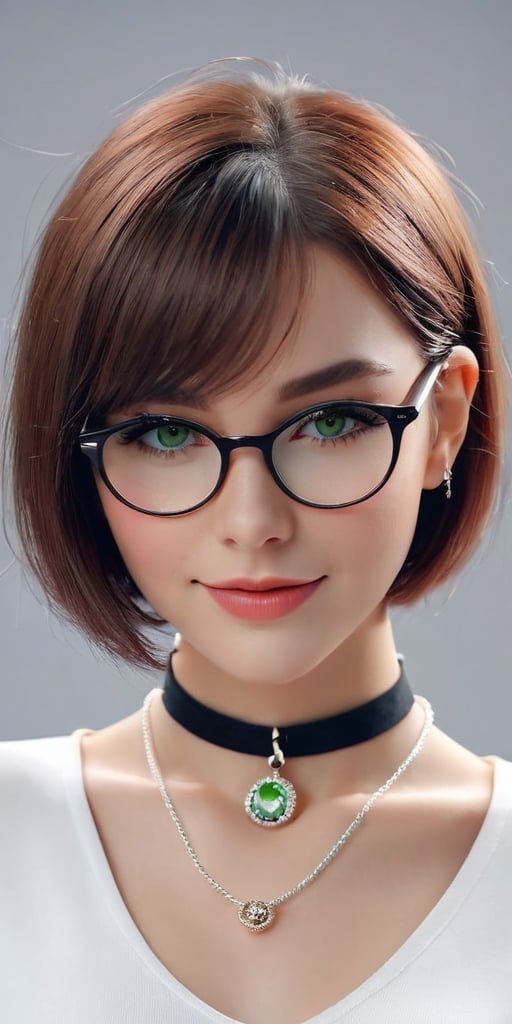 masterpiece, best quality, 3d rending work, 3DMM style, Close-up, sportrait, 3D, 1girll, smile,wears glasses,Solo, （Brunette long hair 3.2）, choker necklace, freckle, jewely, Look at the camera, realisticly, The upper part of the body, （White suit 1.2）Simple background and white, rim, looks away, short hair, separated-lips, green eyes,  gotik, choker and necklace, putting makeup on
