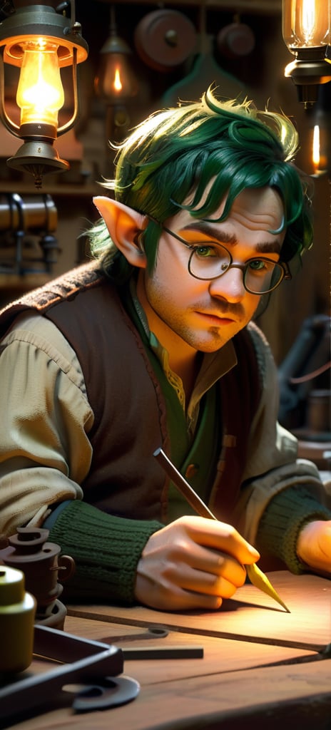 A bespectacled halfling artificer, with striking dark green locks, leans over a cluttered workbench in his cozy workshop. Soft lighting emanates from candles and lanterns, casting warm shadows on the wooden surfaces as he tinkers with intricate clockwork mechanisms. His ruggedly handsome features are illuminated by the faint glow of experimentation, his bright eyes focused intently on the task at hand.,Realistic Photo,Handsome Man