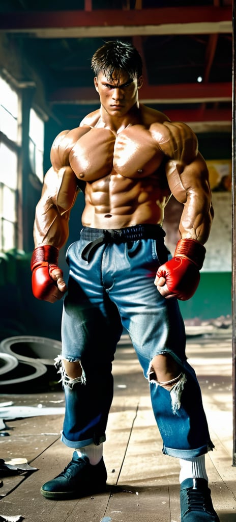 Powerful street fighter in a ruined gym, gritty urban setting, muscular physique, intense and focused gaze, ripped clothing, dramatic lighting, high quality, gritty, urban, muscular, intense gaze, dramatic lighting, ruined environment,Realistic Photo,Handsome Man