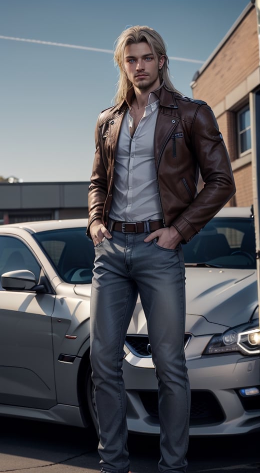 A man with Long Hair, hazel blond eyes, small beard, devilish smile, Wearing Brown leather jacket on white shirt, sky blue jeans pant, standing at side of black nissan skyline car, ,giant_this_guy,zeke jaeger