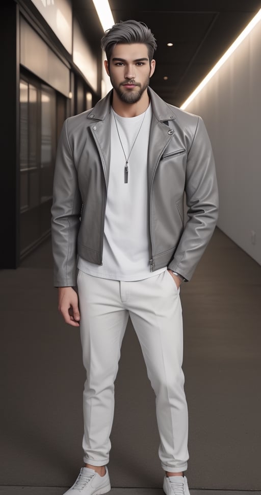 Full body image, Master piece, A 26yo man, Short White Hair, ice blue eyes, medium long white beard. wearing White Shirt and light grey pant and light grey leather jacket ,Asian Model,Portrait,Test Model,handsome male,Beard2Alpha