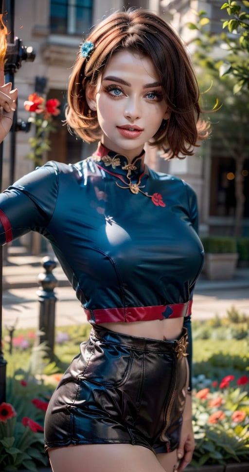 A vibrant studio shot captures a stunning 20-year-old blond beauty, reminiscent of Mary Quant's mod era. The model, with a fiery dragon-inspired hairstyle, poses confidently against a bold contrasting backdrop. Vivid colors like poppy red and electric blue burst forth from her outfit, while rich shadows define her striking features. A detailed portrait showcases her flawless skin, bright blue eyes, and plump lips. A professional photographer's keen eye has captured every nuance of this stunning subject, resulting in an image that is both playful and sophisticated.