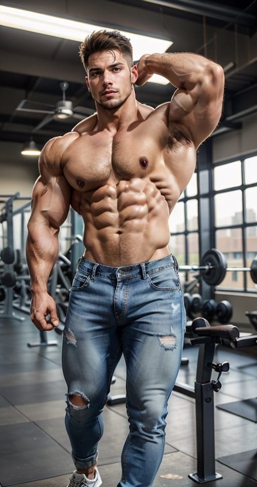 (scene at a modern high tech gym), a slim lean slender stunningly handsome man, posing bodybuilder, showing biceps in the gym, wearing jeans,