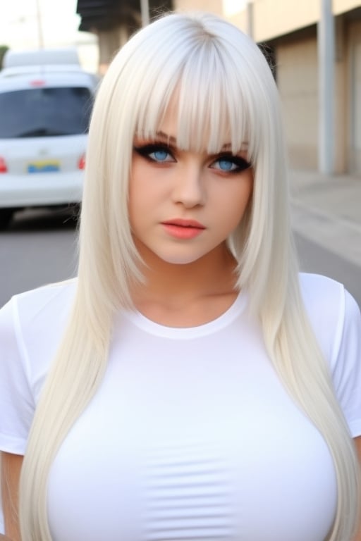 Unparalleled beauty, shiny shiny firm and shiny skin, bangs between eyes, shiny straight beautiful platinum blonde, super long straight silky hair, eyeliner, sexy beautiful innocent 14 years old, high definition big big beautiful bright blue eyes, beautiful and lovely girl, baby face, short sleeve shirt,Ukrainian Women