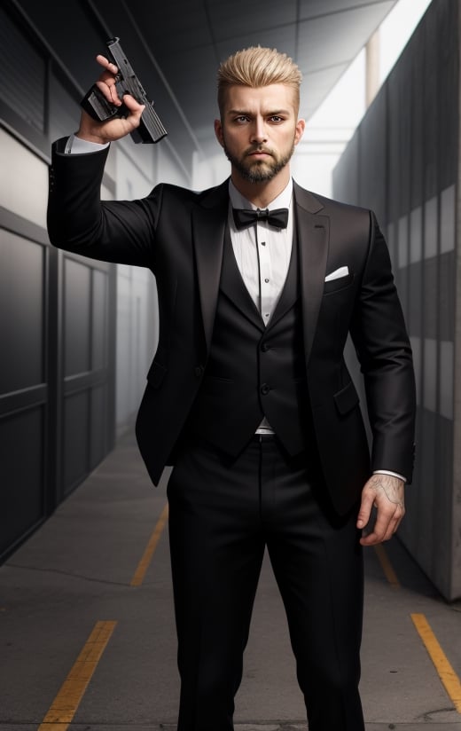 Full body image, short Hair, hazel blond eyes, small beard.,Portrait, athletic, holding pistol in one hand, Wearing Black Suit, Aggressive gangster look,