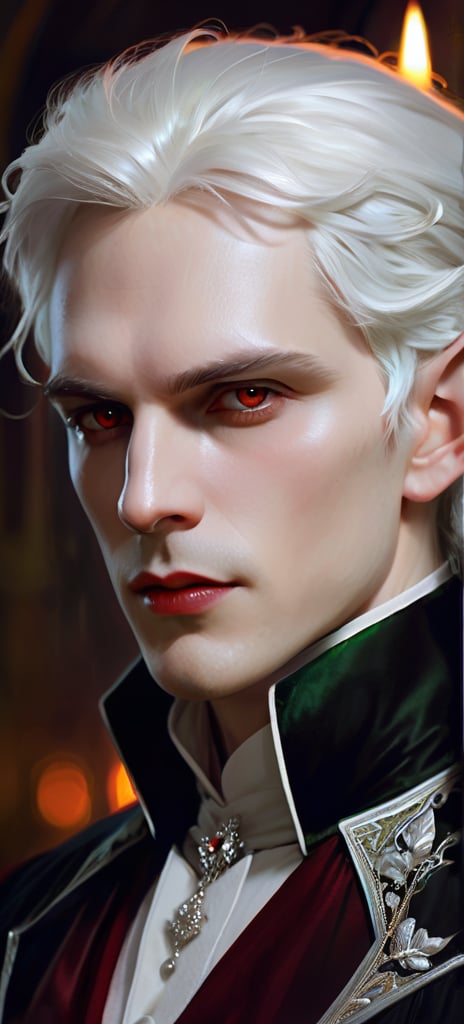 Splash art portrait of male vampire, elf, androgynous, handsome, white haired man with short wavy white hair, {white eyebrows}, red eyes, victorian dark clothes, elegant, highly detailed, intricate, smooth, sharp focus, artstation, digital painting, concept art, art by greg rutkowski,Realistic Photo,Handsome Man