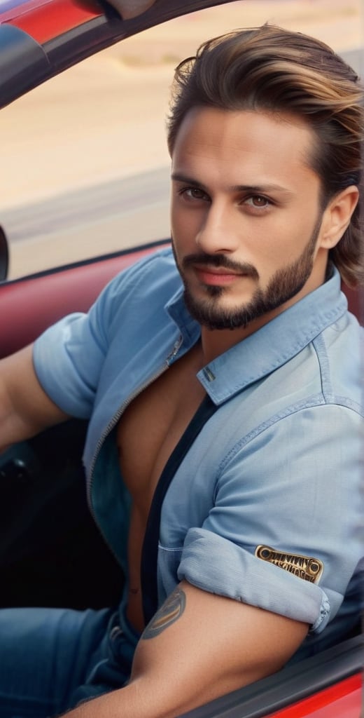 A majestic photograph captures the dashing European man, aged 28, with piercing sapphire blue eyes and radiant complexion, sitting in the driver's seat of a sleek red Ferrari car with open roof on a desert road. Framed by the open roof, his broad face, beard, and short chest hair exude charm as he drives at high speed. His light brown hair ruffles in the wind, and his bright, long-lashed eyes sparkle with a calm smile. He wears a white shirt under a blue jeans jacket, showcasing his athletic physique. The car's logo gleams in the sunlight, casting a warm glow on his features. A tattoo of a lion adorns his arm, adding to his rugged charm. With intricate details, perfect focus, and supreme resolution, this photorealistic masterpiece captures every nuance of its subject.