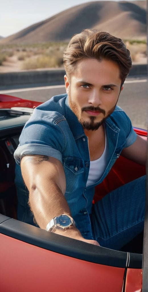 A majestic photograph captures the dashing European man, aged 28, with piercing sapphire blue eyes and radiant complexion, sitting in the driver's seat of a sleek red Ferrari car with open roof on a desert road. Framed by the open roof, his broad face, beard, and short chest hair exude charm as he drives at high speed. His light brown hair ruffles in the wind, and his bright, long-lashed eyes sparkle with a calm smile. He wears a white shirt under a blue jeans jacket, showcasing his athletic physique. The car's logo gleams in the sunlight, casting a warm glow on his features. A tattoo of a lion adorns his arm, adding to his rugged charm. With intricate details, perfect focus, and supreme resolution, this photorealistic masterpiece captures every nuance of its subject.