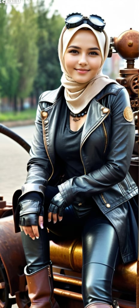 A hijab woman seated on a rusty metal steampunk car, on steampunk city road. She is clad in steampunk-style attire, including a leather jacket adorned with metal embellishments, steampunk gear accesories, gloves, loose leather pants, and boots, The background is landscape of a steampunk city, ultra focused, detailed face, cinematic lighting, dynamic pose, medium contrast, depth of field, natural glows ,hijabsteampunk,Blond Girl,More Detail
detailed_background,Cute Face,Cute Smile,Beautiful Girl,Young Girl,Realistic Model,Sexy Body,Hot Body,Beautiful Face,Sexy Girl