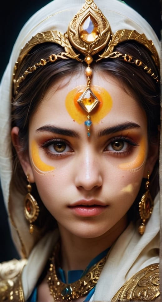 a photorealistic woman golden mage of a stunningly beautiful Emblem of The Middle Eastern unique cultural identities.extremely detailed, detailed symmetrical realistic face, natural skin texture, extremely detailed skin with skin pores, peach fuzz , wearing a masterpiece , absurdres, award winning photo by lee jeffries, nikon d850 film archival photography, kodak portra 400 camera f1.6 lens, extremely detailed, amazing, fine details, rich golden color, texture hyper realistic, spectacular lighting, unreal engine, trending on artstation, cinestill 800 tungsten, looking at viewer, realistic photo, RAW photo, TanvirTamim, high quality, high resolution, sharp extremely detailed face, beautiful face, young woman, Jewel-like eyes, neon light, chiaroscuro, anime style, key visual, intricate detail, highly detailed, breathtaking, vibrant, cinematic,Gold,more detail XL,Hot Body