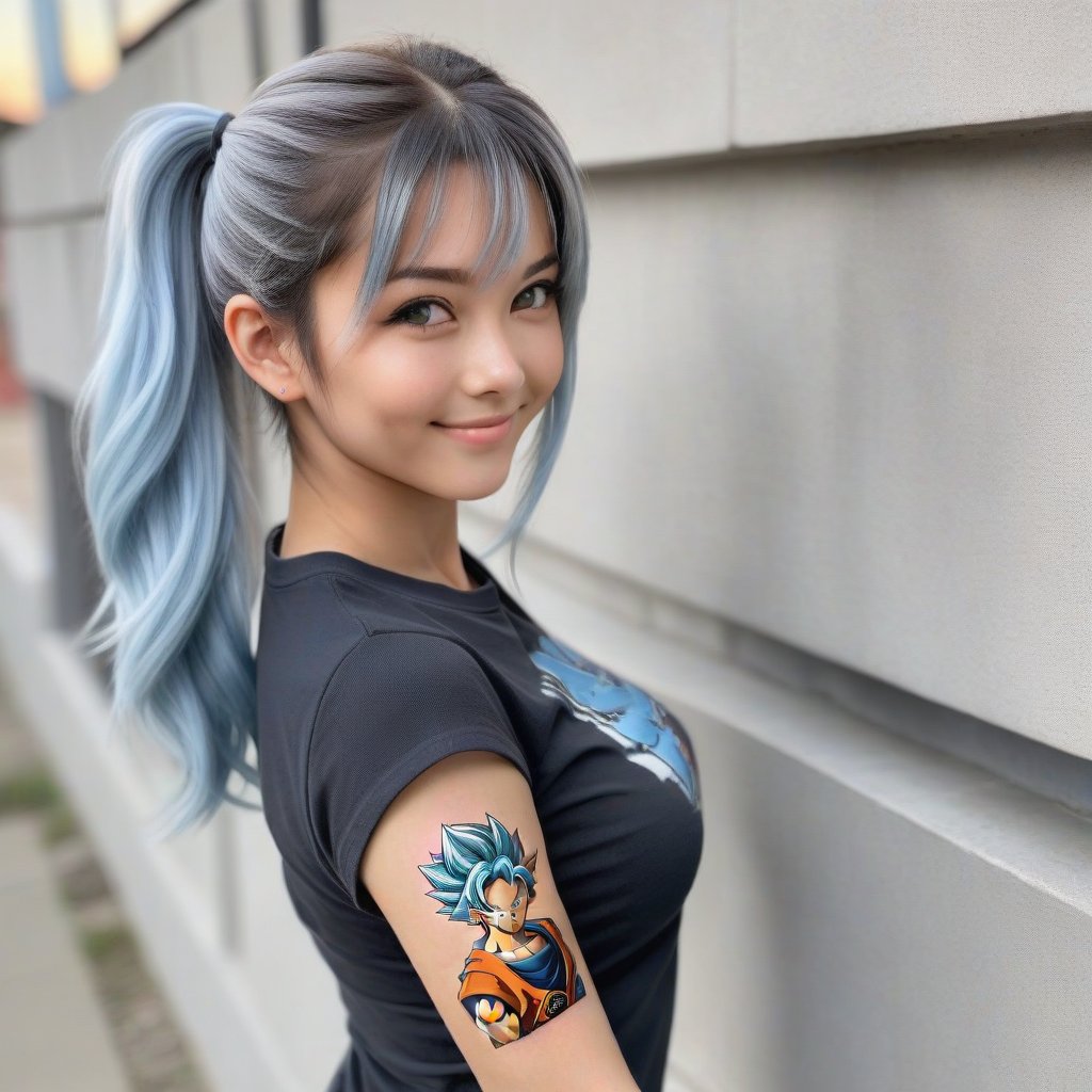 Upper body shot of a 1girl with long, light blue hair in a short ponytail, grey eyes, and plump features, smiling at the viewer. She has a beautiful, detailed tattoo on her arm depicting an anime girl wearing a Dragon Ball comic t-shirt. Her oil-shiny skin and big boobs create a realistic, dynamic, and sexy pose from above. The scene is set during sunset, with perfect anatomy and chiseled features, showcasing a 9 head body length and an artistic pose.