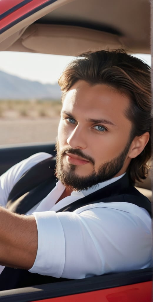 A majestic photograph captures the dashing European man, aged 28, with piercing sapphire blue eyes and radiant complexion, sitting in the driver's seat of a sleek red Ferrari car with open roof on a desert road. Framed by the open roof, his broad face, beard, and short chest hair exude charm as he drives at high speed. His light brown hair ruffles in the wind, and his bright, long-lashed eyes sparkle with a calm smile. He wears a white shirt under a blue jeans jacket, showcasing his athletic physique. The car's logo gleams in the sunlight, casting a warm glow on his features. A tattoo of a lion adorns his arm, adding to his rugged charm. With intricate details, perfect focus, and supreme resolution, this photorealistic masterpiece captures every nuance of its subject.