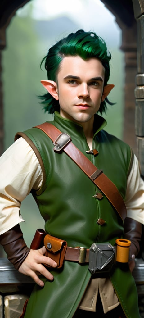 dungeons and dragons fantasy art halfling male artificer with dark green hair workshop tinkerer,
Realistic Model,Realistic Photo,Handsome Man