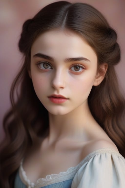 Georgian era twenty year old girl with sharp exquisite bright dark eyes, chestnut hair, natural look, highly detailed, saturated colors, attractive, heart shaped small face, high cheekbones, fair skin, Full body image