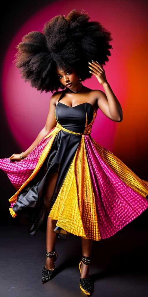 African woman with afro hairstyle dancing, fashion shoot, face only, black background, studio photography, magazine cover, ultra bright colors