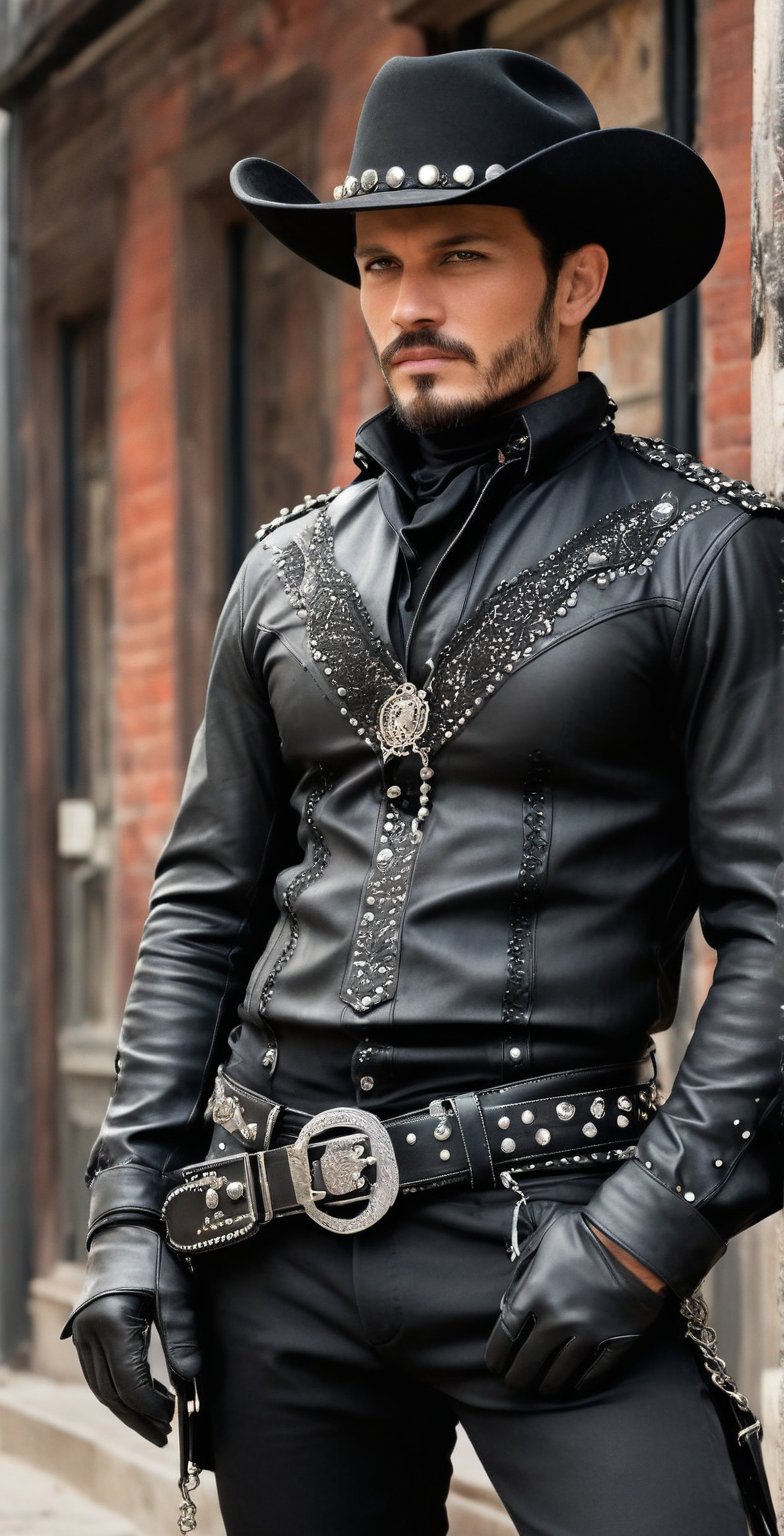 In a dusty, sun-scorched town square, a dashing cowboy stands tall, dressed in a Gothic punk-inspired getup that exudes bold statement-making. The handsome man's black cowboy hat with silver studs and dark feather adds a touch of mystique to his chiseled features. A tailored leather jacket adorned with lace and chain details hugs his broad shoulders, while a crimson ruffled shirt beneath adds a pop of fiery color. Fitted trousers featuring metal spikes and buckles showcase his rugged appeal, paired with knee-high boots boasting silver accents and spurs that seem ready to stir up trouble. An ornate studded belt cinches at his waist, holding a sleek, engraved revolver like a badge of honor. The air is thick with the scent of leather and smoke as he stands, exuding confidence and charisma, a true Gothic cowboy punk sensation.