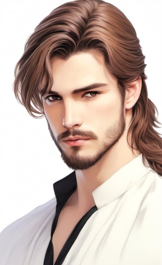 solo, long hair, simple background, brown hair, 1boy, white background, upper body, ponytail, male focus, facial hair, beard