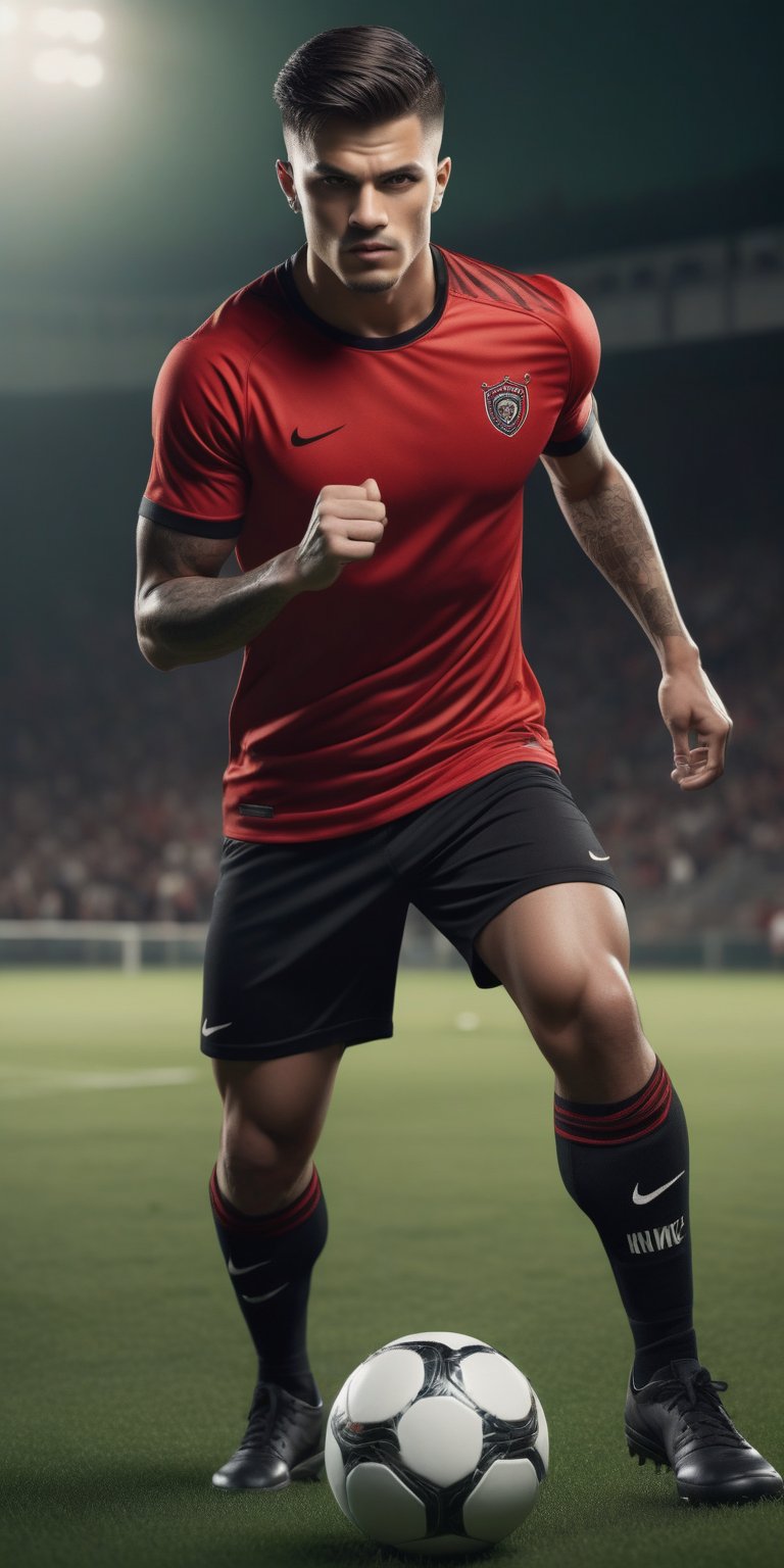 Create a detailed image of a Soccer player, sport field background. He wears Nike black and red t-shirt and a black short. His eyes convey fierce determination and a thirst for redemption. The lighting should be dramatic, with shadows accentuating his fierce expression and the details of his muscles and tattoos. standing action pose, sport field background, He is playing on a green field, perfect hands, (detailed face, detailed skin texture, area lighting, HD, 8k, best illumination, ((full_body)),Handsome Man,Realistic Photo