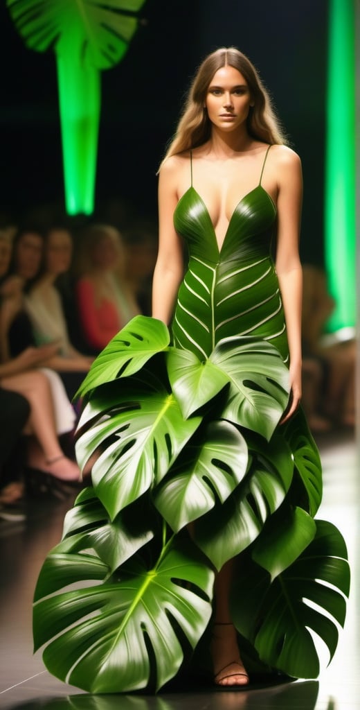 European female model, walking down a fashion show runway, dressed in a dress made of monstera deliciosa plant leaves,  green long hairs, model makeup, bright eyes, lights are pointing at her, the audience aplauds, female full body,p3rfect big boobs,cleavage