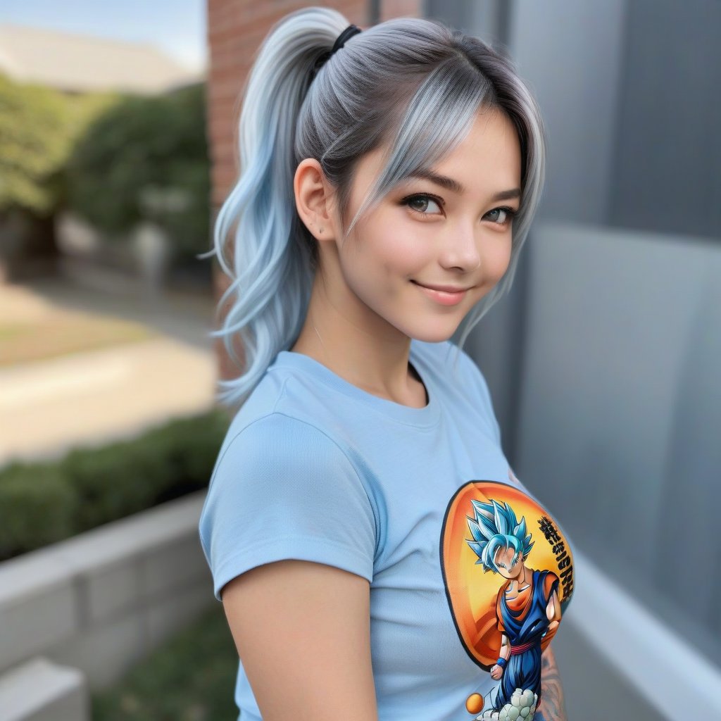 Upper body shot of a 1girl with long, light blue hair in a short ponytail, grey eyes, and plump features, smiling at the viewer. She has a beautiful, detailed tattoo on her arm depicting an anime girl wearing a Dragon Ball comic t-shirt. Her oil-shiny skin and big boobs create a realistic, dynamic, and sexy pose from above. The scene is set during sunset, with perfect anatomy and chiseled features, showcasing a 9 head body length and an artistic pose.