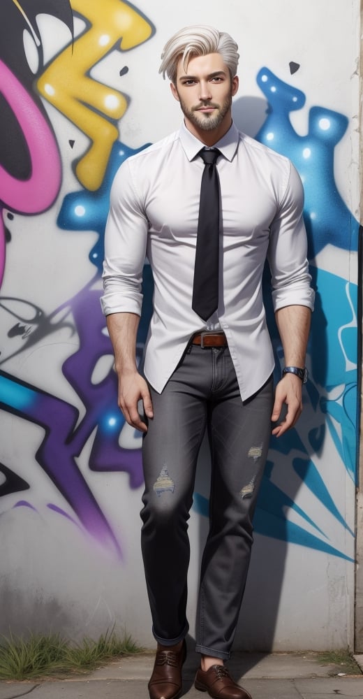 Mater Piece, High Quality image, of Gojo anime character, Short Hair, hazel blond white Hair. Ice blue eyes with grey shine iris, Medium big white beard. elegant look Man, White shirt and black Jeans pant, standing in the street at front of Graffiti wall, ,Man,Asian Model