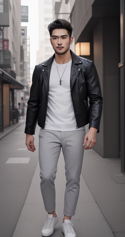 Full body image, Master piece, A 26yo man, Short White Hair, ice blue eyes, medium long white beard. wearing White Shirt and light grey pant and light grey leather jacket ,Asian Model,Portrait,Test Model,handsome male,Beard2Alpha